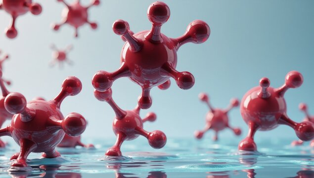 Illustration depicts various molecular structures suspended in water