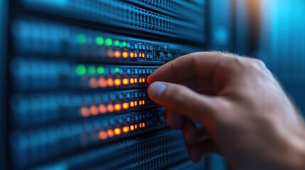 A technician is adjusting connections on a server rack in a data center as evening falls. The illuminated lights indicate network activity, creating a focused work environment