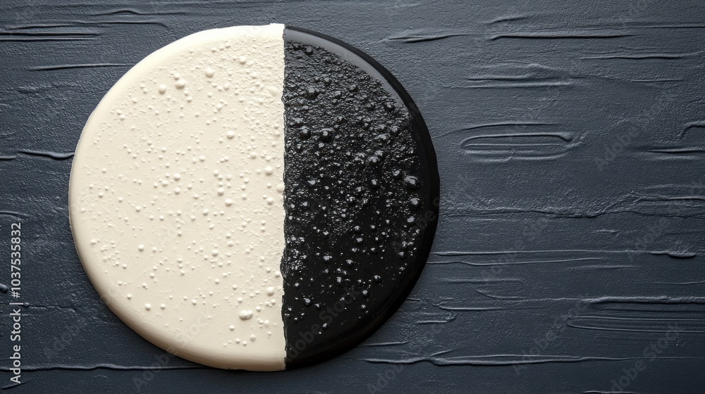 Poster a circular form divided into black and white sections rests on a dark textured surface. the contrast