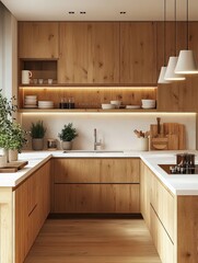Fototapeta premium Scandinavian-style kitchen featuring light wooden cabinets, white countertops, and open shelving, combining minimalism and functionality.