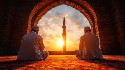 Muslim men praying together in a mosque, representing unity and faith in the Islamic community