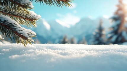A serene winter scene showcases snow-laden evergreen branches and a sparkling blanket of snow on the ground, with distant mountains framed against a bright blue sky