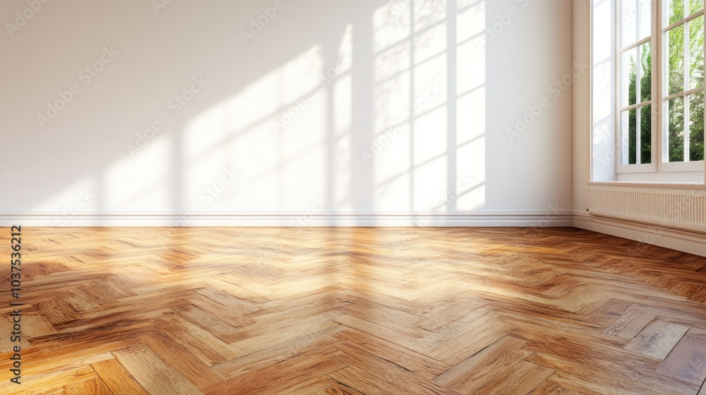 Poster a bright, empty room features a beautifully patterned wooden herringbone floor with sunlight streami