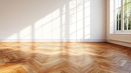 Fototapeta premium A bright, empty room features a beautifully patterned wooden herringbone floor with sunlight streaming through large windows, creating a warm and inviting atmosphere in the afternoon