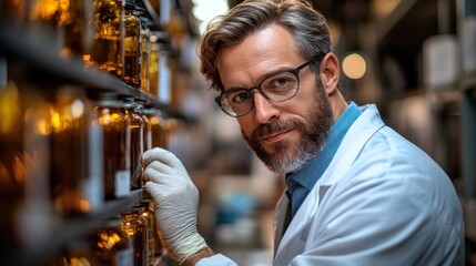 A scientist in a lab coat inspects glass jars containing amber liquids on a shelf, focusing intently on his research amidst an organized laboratory setting