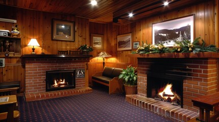 A cozy and inviting wooden interior featuring two warm fireplaces, decorated with winter-themed artwork and soft ambient lighting, in a charming setting perfect for relaxation