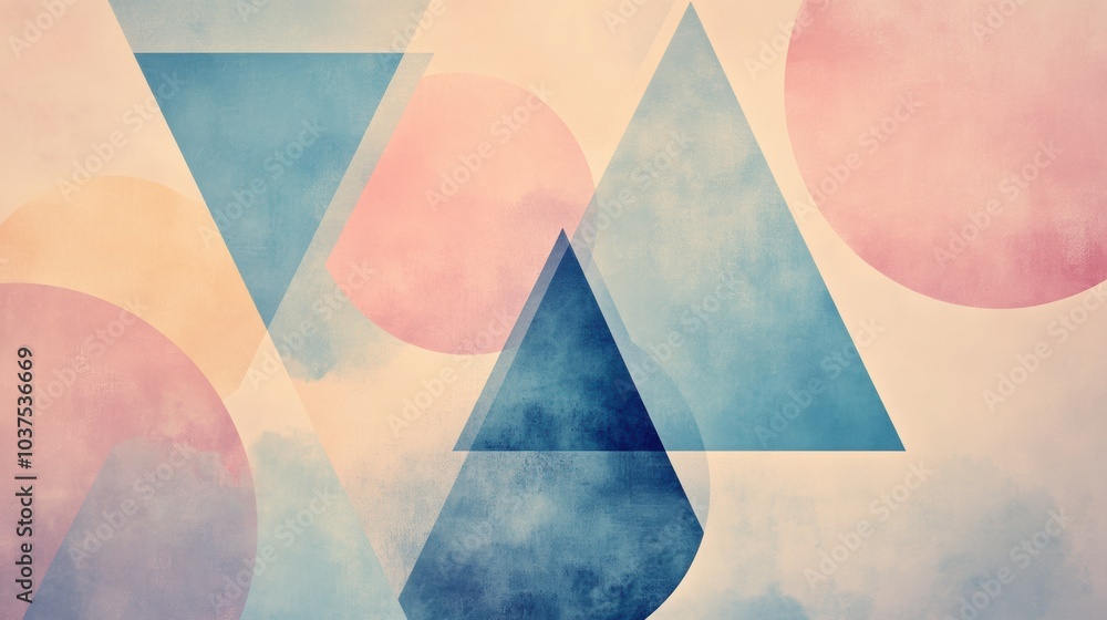 Poster this design showcases an interplay of circles and triangles in soft pastel shades, creating a calmin
