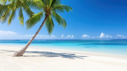 Fototapeta premium This scenic view features a beautiful tropical beach with soft white sand, a solitary palm tree leaning over the water, and vibrant blue skies, creating a serene and inviting atmosphere