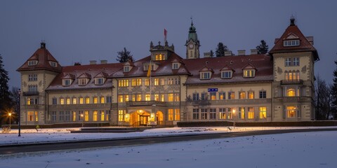 A beautifully illuminated historic building stands majestically against a serene winter backdrop, showcasing architectural elegance and charm in the twilight