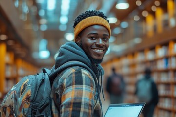 Smiling black student guy packing laptop in backpack in university library, moment capturing the conclusion of successful study session, Generative AI