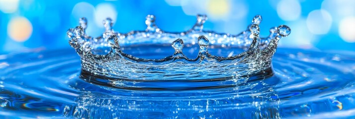 水面に落ちた水滴が生む美しい波紋と飛沫、青い背景で時間が静止した瞬間