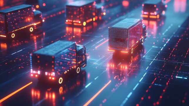 Futuristic glowing semi-trucks drive on a highway.