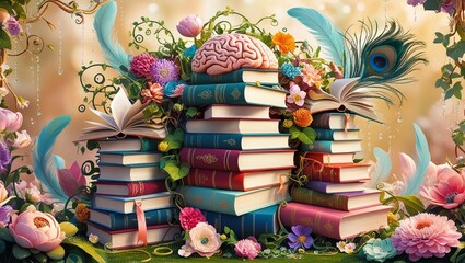   Creative Brain Power and Knowledge Concept with Books in a Floral Setting