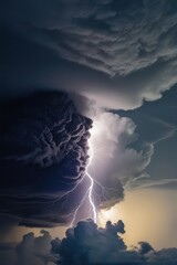 Large dark storm cloud with lightning bolts and gradient of light clouds