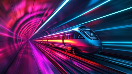 Futuristic high-speed train rushing through a neon tunnel.