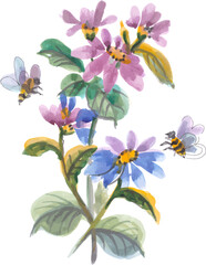 Bouquet of Flowers Watercolor and Bees. Artistic Wildflowers bloom.  Vector illustration