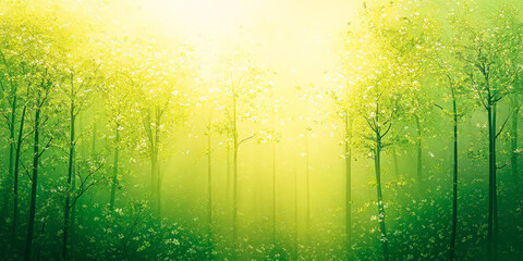 Obraz premium Forest with trees and a bright green background. The trees are tall and the sky is clear