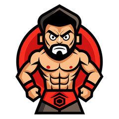 A funny cartoon vector illustration depicts a strong hero guy in a red shirt