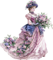 Fototapeta premium Victorian Woman in Pink and Lavender Dress Holding Floral Bouquet 