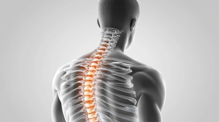 Back pain illustration for men with a focus on the spine's structure in gray, set against a light gray background with space for healthcare text.