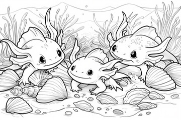 Fototapeta premium Three happy cartoon axolotls play among seashells and seaweed in a whimsical underwater scene.