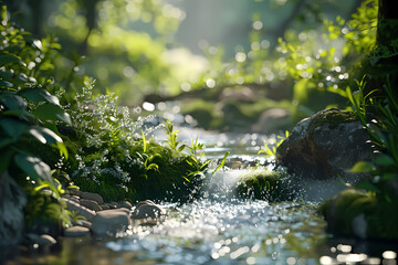 Fototapeta premium A tranquil stream surrounded by lush greenery, featuring sparkling water and glistening plant life, creating a serene atmosphere.