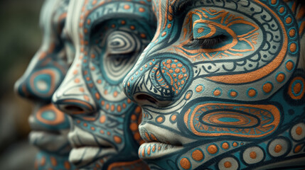 Obraz premium Intricate face art: a fusion of culture and colorful patterns on multiple faces