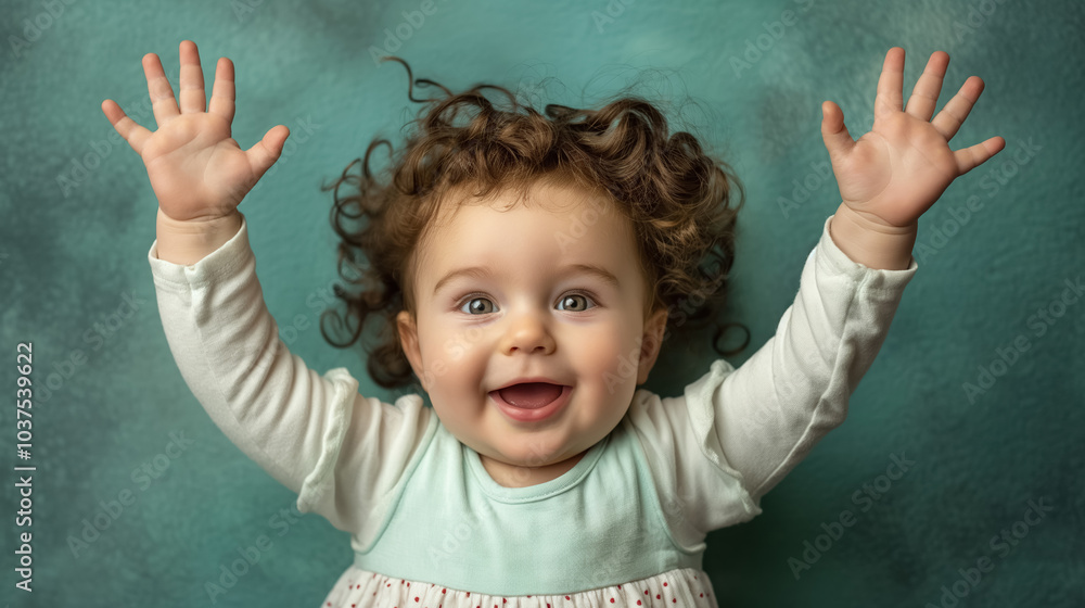 Wall mural joyful baby with curly hair and raised hands against teal background