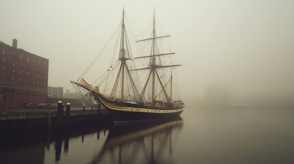 Fototapeta premium A historic tall ship docked at a maritime museum.