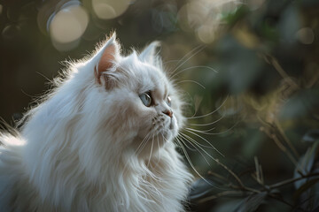 A serene purebred white cat with long fur gazes thoughtfully into the distance, surrounded by soft, blurred greenery.