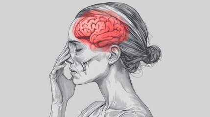 Fototapeta premium Illustration of a woman skull with red pain areas on the sides, focusing on headache pain. Gray outline, light gray background, and enough room for text.