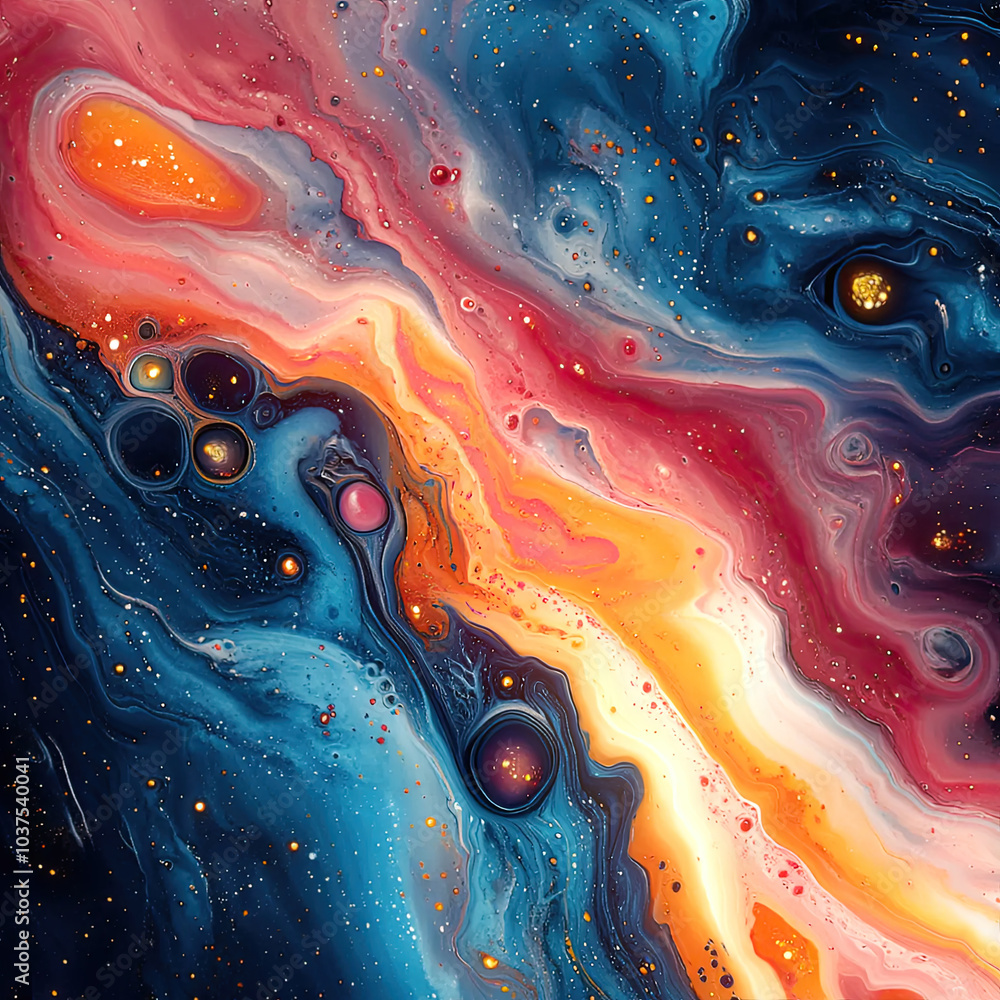 Poster Abstract colorful illustration with a swirl of colors and shapes reminiscent of galaxies and stars. Dynamic composition with high contrast.