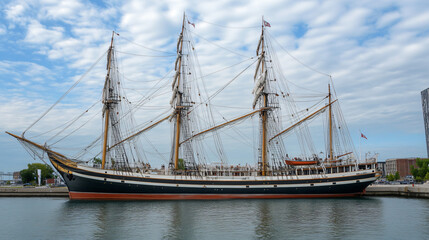 Fototapeta premium A historic tall ship docked at a maritime museum.