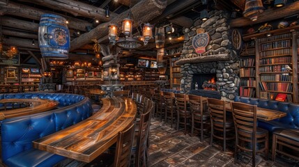 A cozy and rustic-themed tavern interior features wooden furnishings, stone fireplace, and ample seating for a warm dining experience in a pub-like setting