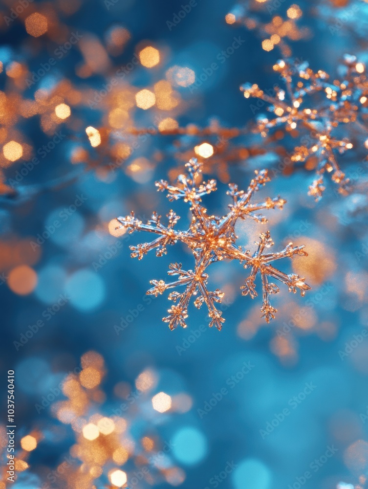 Sticker Delicate and shimmering snowflakes glisten in the cool evening light, creating a beautiful winter wonderland effect with blue bokeh. Generative AI