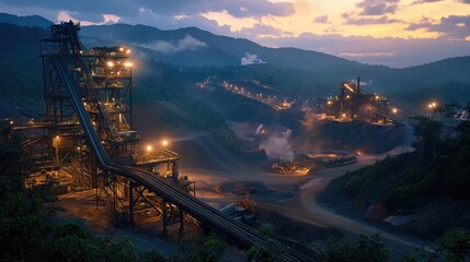 Mining operation in the evening, illuminated by soft light, with conveyor belts and green mountains in the distance, blending industrial efficiency with a natural backdrop.