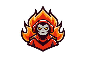 A hot, red vector illustration shows a burning skull engulfed in flames, a fiery symbol of horror and evil