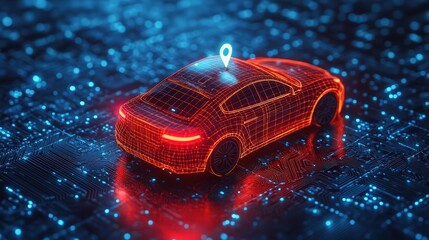 car prominently displayed and surrounded by an orange glowing map pin, symbolizing navigation and location services