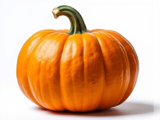 Fototapeta premium Vibrant orange pumpkin with a curved green stem isolated on a white background, suitable for autumn, harvest, Thanksgiving, and Halloween-themed content