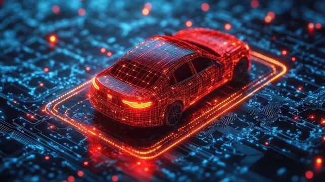 car prominently displayed and surrounded by an orange glowing map pin, symbolizing navigation and location services