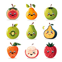 Vector illustration set of Funny cartoon fruit icons, isolated on a white background, fruit icon wallpaper