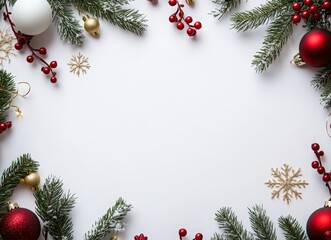 Christmas and New Year background with white space for text, golden decorations, red berries, green pine branches, and golden toys on a light grey paper texture background. Christmas card concept. 