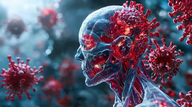 Close-up of a translucent human skull with red viruses invading, representing infection or disease, against a blurred background. Highly detailed, medical, and sci-fi themed