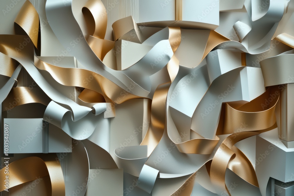 Poster an intricate arrangement of shapes resembling gift boxes, ribbons, and bows is creatively displayed 