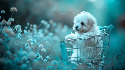 Puppy with excellent detail in an aquamarine camping the shopping cart