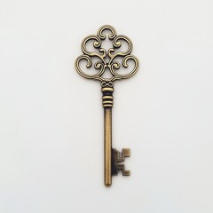 Vintage brass key on a white background, isolated with margins, high-resolution photography, professional-quality, ultra-detailed, color-graded, stock photo