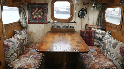 Cozy and rustic cabin interior aboard a vintage boat with wooden table, patterned cushions, and nautical decor creating a warm, inviting atmosphere