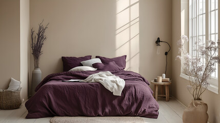 Bedroom Interior with Dark Plum Bedding and Light Beige Walls, Cozy and Modern Home Decor