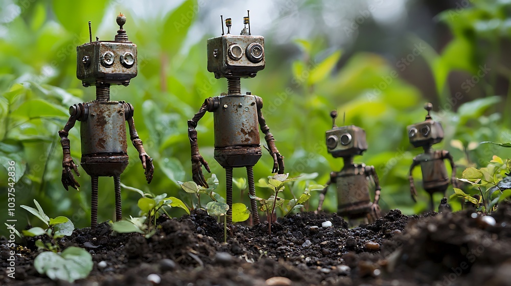 Poster innovative fusion of nature and technology robots emerging from seeds in a lush green landscape