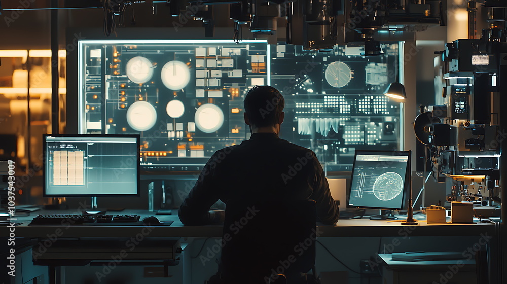 Poster innovative professional engaged in advanced technology research within a state-of-the-art laboratory